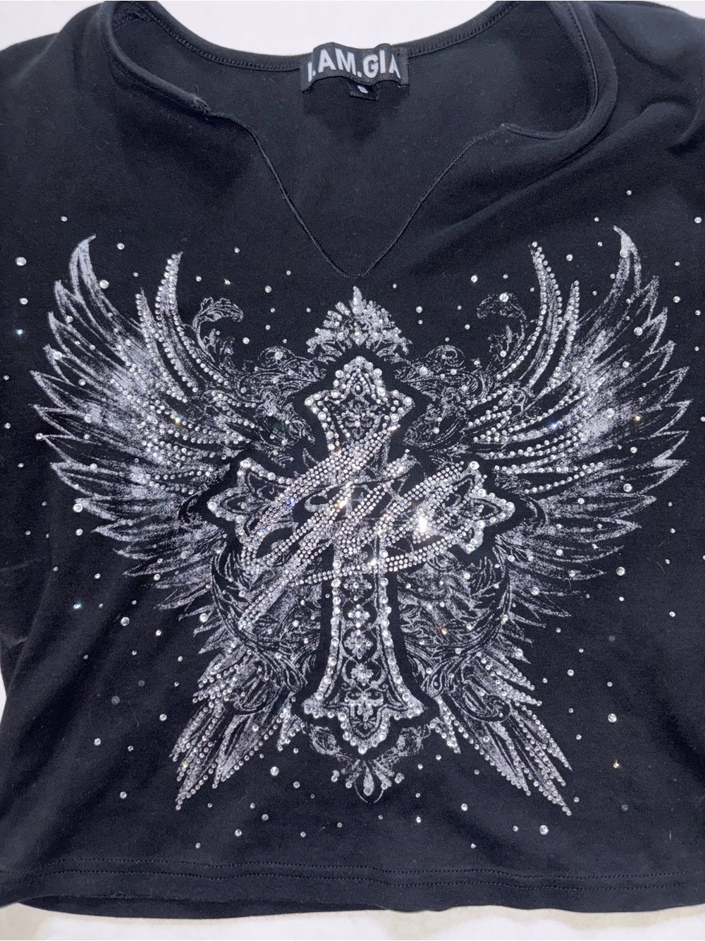 I.AM.GIA Black Kids' Short Sleeve Tee with Rhinestone Winged Cross Graphic